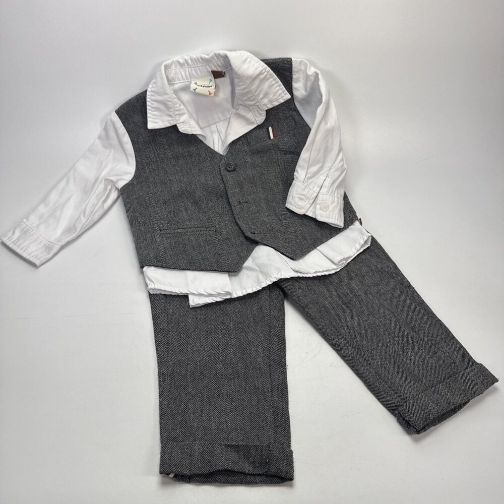 Fore!! Axel & Hudson 12-18M Boys Outfit Sewn On Vest Shirt Pants Herringbone Set
